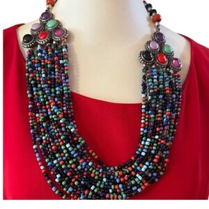 Vintage Multistrand Seed Bead Bib Necklace Colorful Cabochon Accents 25.5 Inch